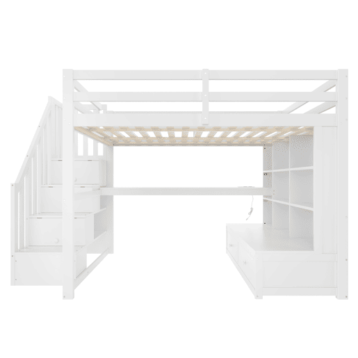 Cama alta 140x200 - com secretária, prateleiras, 2 gavetas e escada com arrumação - branco