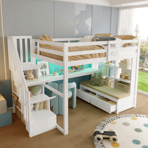 Cama alta 140x200 - com secretária, prateleiras, 2 gavetas e escada com arrumação - branco