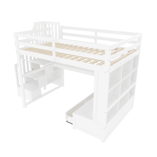 Cama alta 140x200 - com secretária, prateleiras, 2 gavetas e escada com arrumação - branco