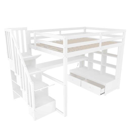Cama alta 140x200 - com secretária, prateleiras, 2 gavetas e escada com arrumação - branco