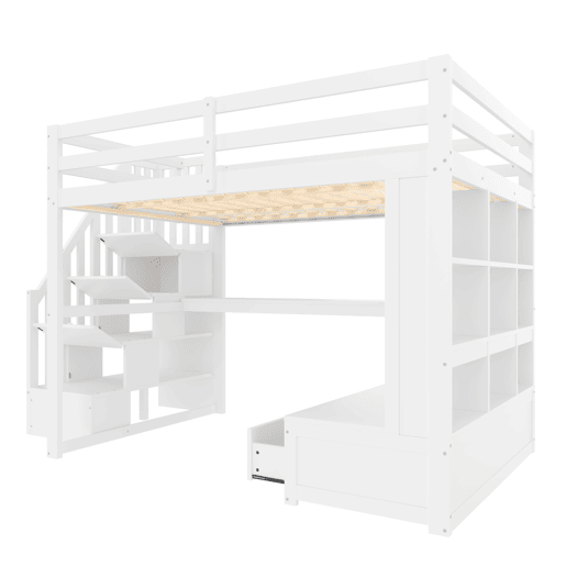 Cama alta 140x200 - com secretária, prateleiras, 2 gavetas e escada com arrumação - branco