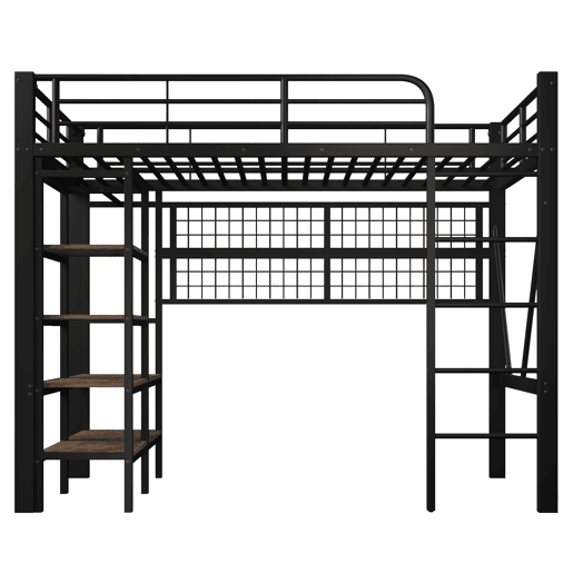 Cama alta 90x200 cm - Estrutura metálica, com prateleira, rede para pendurar, barra para roupa, espaço aberto, luzes LED - Preto