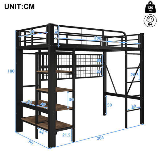 Cama alta 90x200 cm - Estrutura metálica, com prateleira, rede para pendurar, barra para roupa, espaço aberto, luzes LED - Preto