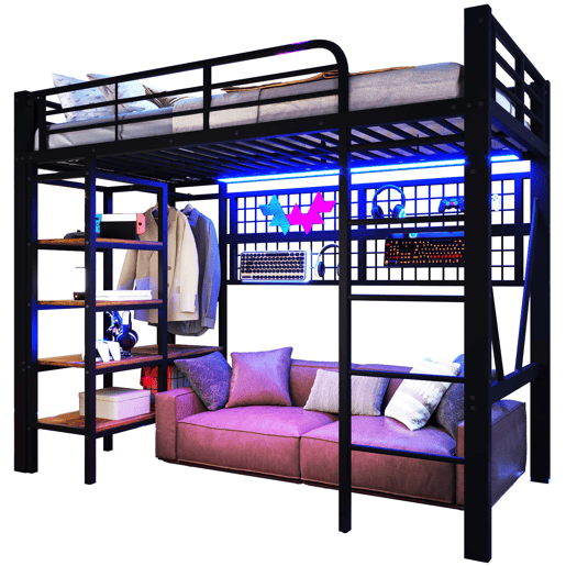 Cama alta 90x200 cm - Estrutura metálica, com prateleira, rede para pendurar, barra para roupa, espaço aberto, luzes LED - Preto