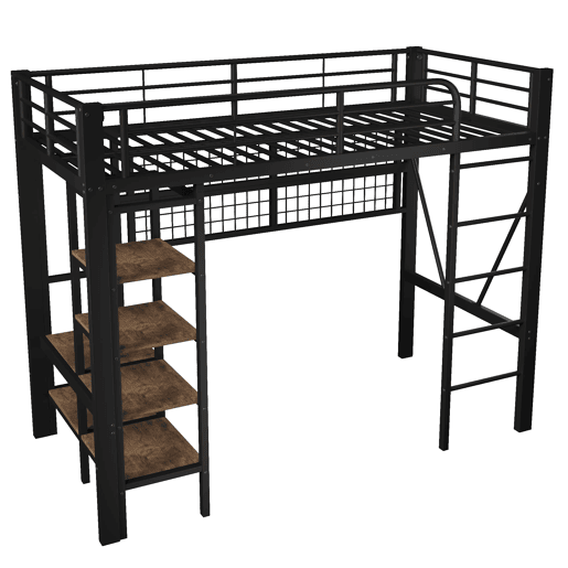 Cama alta 90x200 cm - Estrutura metálica, com prateleira, rede para pendurar, barra para roupa, espaço aberto, luzes LED - Preto