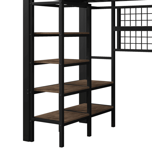 Cama alta 90x200 cm - Estrutura metálica, com prateleira, rede para pendurar, barra para roupa, espaço aberto, luzes LED - Preto