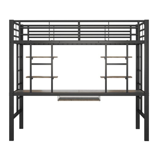 Cama alta 90x200 cm - Metal, secretária e 2 estantes integradas - Preto