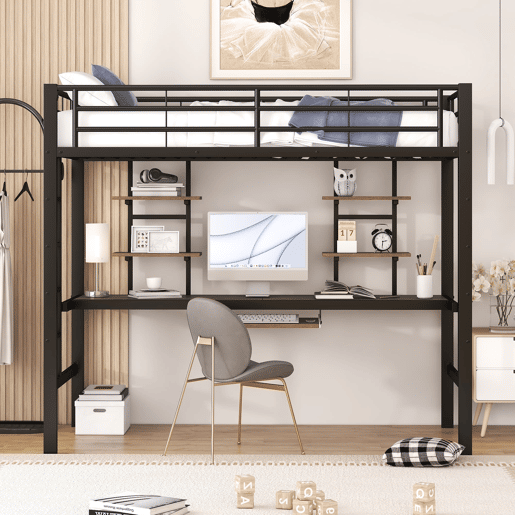 Cama alta 90x200 cm - Metal, secretária e 2 estantes integradas - Preto