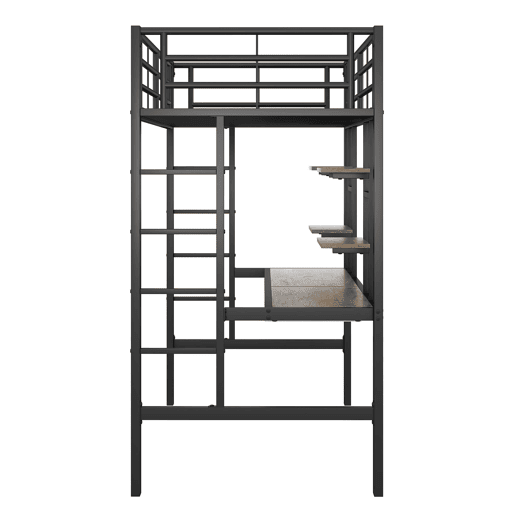 Cama alta 90x200 cm - Metal, secretária e 2 estantes integradas - Preto