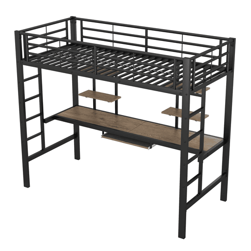 Cama alta 90x200 cm - Metal, secretária e 2 estantes integradas - Preto