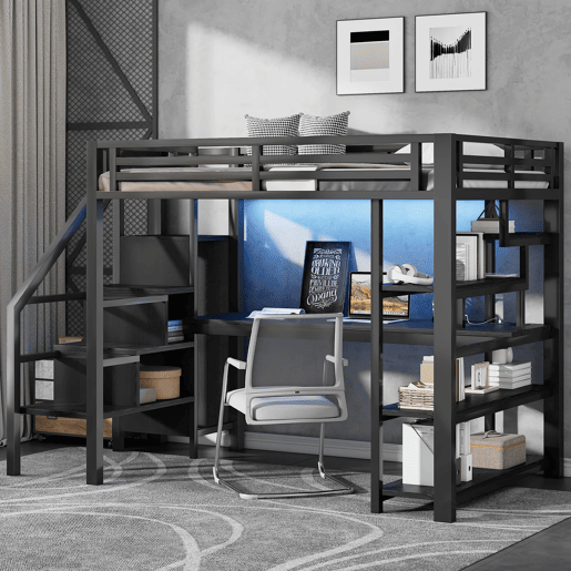 Cama alta de metal 140x200 mm - Com escada, armário aberto, secretária integrada, compartimentos de arrumação, estação de carregamento USB e luzes LED - Preto
