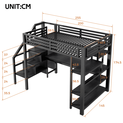 Cama alta de metal 140x200 mm - Com escada, armário aberto, secretária integrada, compartimentos de arrumação, estação de carregamento USB e luzes LED - Preto