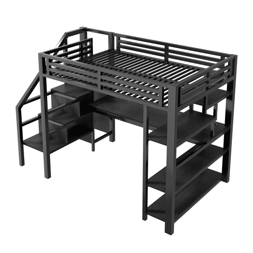 Cama alta de metal 140x200 mm - Com escada, armário aberto, secretária integrada, compartimentos de arrumação, estação de carregamento USB e luzes LED - Preto
