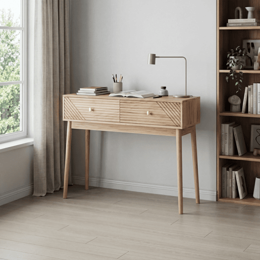 Secretária  Consola - Estilo Mid-Century, com Gavetas e Prateleiras Abertas - Carvalho