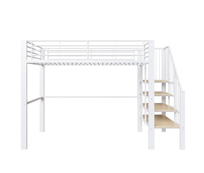 Cama alta 90x200 - estructura metálica, gran almacenamiento, escalera, ideal niños y adultos - blanco