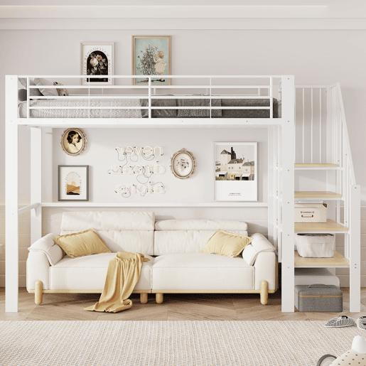 Cama alta 90x200 - Estrutura metálica, grande capacidade de arrumação, escada, ideal para crianças e adultos - Branco