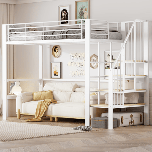 Cama alta 90x200 - Estrutura metálica, grande capacidade de arrumação, escada, ideal para crianças e adultos - Branco