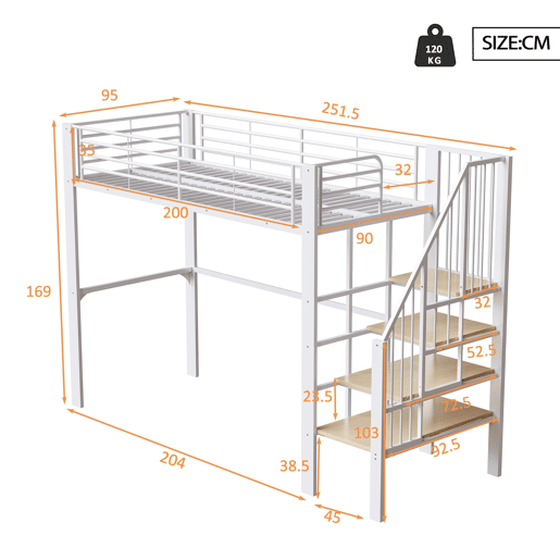 Cama alta 90x200 - Estrutura metálica, grande capacidade de arrumação, escada, ideal para crianças e adultos - Branco