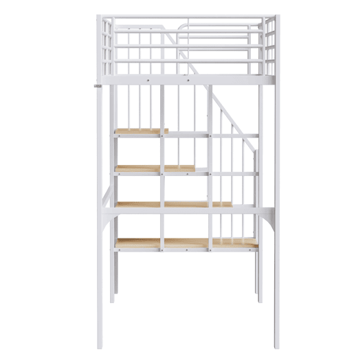 Cama alta 90x200 - Estrutura metálica, grande capacidade de arrumação, escada, ideal para crianças e adultos - Branco