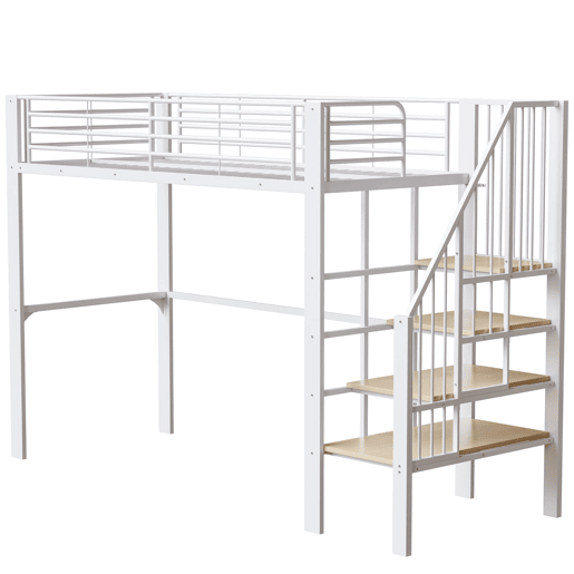 Cama alta 90x200 - Estrutura metálica, grande capacidade de arrumação, escada, ideal para crianças e adultos - Branco