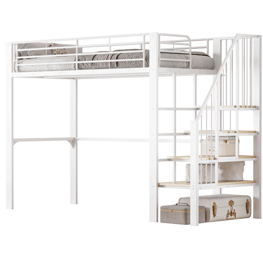 Cama alta 90x200 - Estrutura metálica, grande capacidade de arrumação, escada, ideal para crianças e adultos - Branco