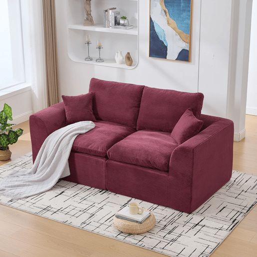 Sofá de tecido de 2 lugares - Minimalista, confortável com almofadas - Vermelho vinho