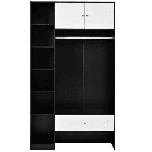 Roupeiro compacto 105x185x40 cm - 2 portas, 6 compartimentos, barra e gaveta - Branco+Preto