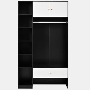 Roupeiro compacto 105x185x40 cm - 2 portas, 6 compartimentos, barra e gaveta - Branco+Preto