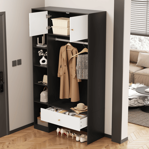 Roupeiro compacto 105x185x40 cm - 2 portas, 6 compartimentos, barra e gaveta - Branco+Preto