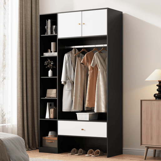 Roupeiro compacto 105x185x40 cm - 2 portas, 6 compartimentos, barra e gaveta - Branco+Preto