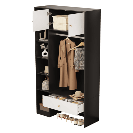 Roupeiro compacto 105x185x40 cm - 2 portas, 6 compartimentos, barra e gaveta - Branco+Preto