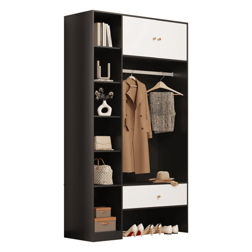 Roupeiro compacto 105x185x40 cm - 2 portas, 6 compartimentos, barra e gaveta - Branco+Preto