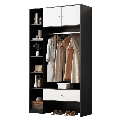 Roupeiro compacto 105x185x40 cm - 2 portas, 6 compartimentos, barra e gaveta - Branco+Preto