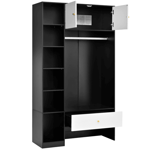 Roupeiro compacto 105x185x40 cm - 2 portas, 6 compartimentos, barra e gaveta - Branco+Preto
