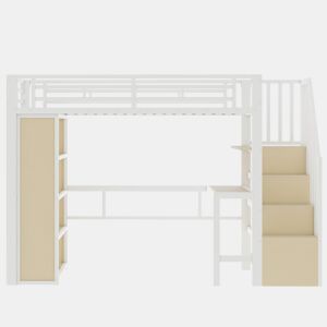 Cama alta 90x200 - estrutura de ferro, secretária, prateleira, LED e escada com arrumação - Branco