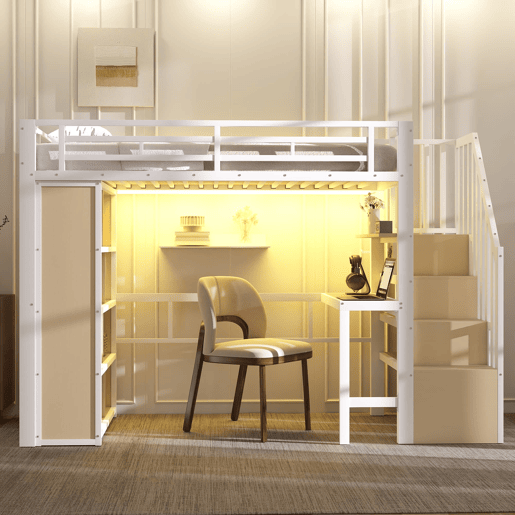 Cama alta 90x200 - estrutura de ferro, secretária, prateleira, LED e escada com arrumação - Branco