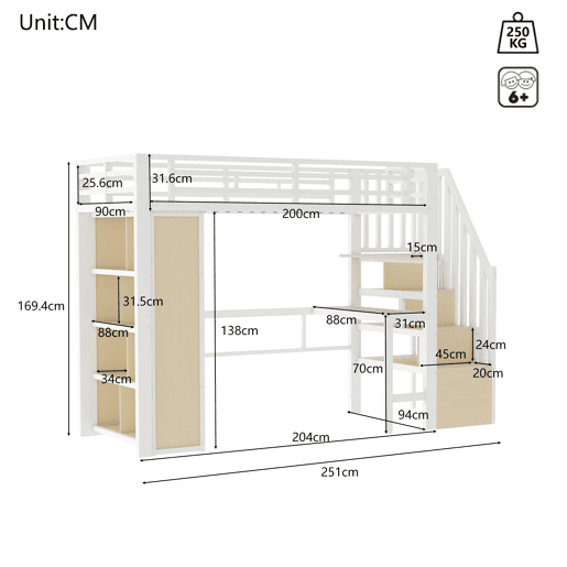 Cama alta 90x200 - estrutura de ferro, secretária, prateleira, LED e escada com arrumação - Branco