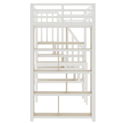 Cama alta 90x200 - estrutura de ferro, secretária, prateleira, LED e escada com arrumação - Branco