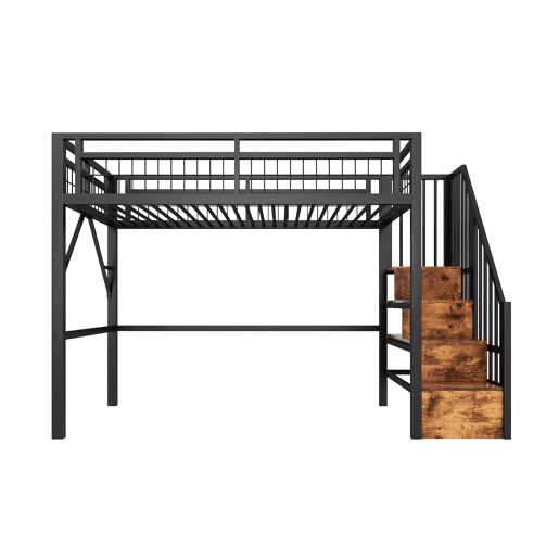 Cama alta 90x200 cm - Estrutura em ferro, LED, escada com arrumação, espaço livre - Preto Cama alta 90x200 cm - Estrutura em ferro, LED, escada com arrumação, espaço livre - Preto