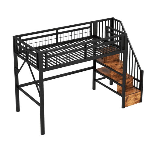 Cama alta 90x200 cm - Estrutura em ferro, LED, escada com arrumação, espaço livre - Preto Cama alta 90x200 cm - Estrutura em ferro, LED, escada com arrumação, espaço livre - Preto