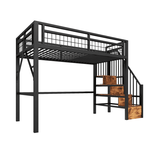 Cama alta 90x200 cm - Estrutura em ferro, LED, escada com arrumação, espaço livre - Preto Cama alta 90x200 cm - Estrutura em ferro, LED, escada com arrumação, espaço livre - Preto