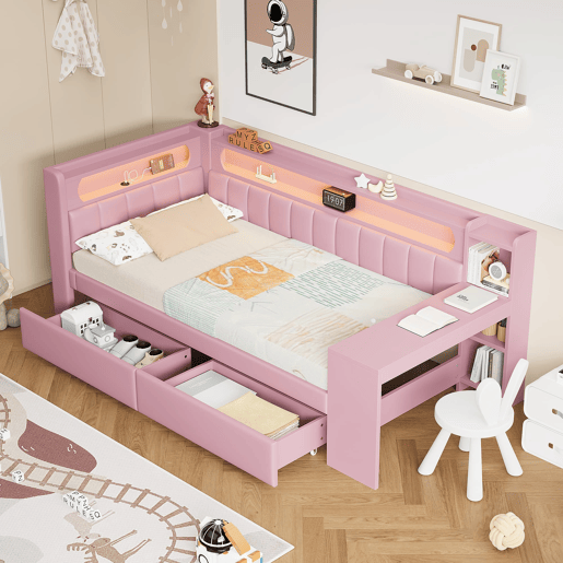 Cama tipo sofá-cama 90x200 - acolchoada, USB, LED, secretária e 2 gavetas - Rosa