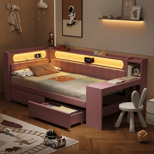Cama tipo sofá-cama 90x200 - acolchoada, USB, LED, secretária e 2 gavetas - Rosa