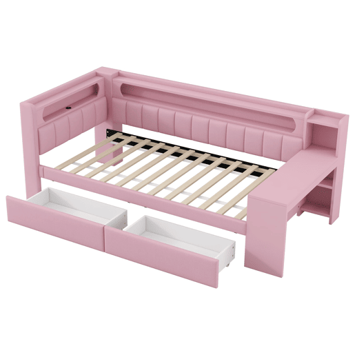 Cama tipo sofá-cama 90x200 - acolchoada, USB, LED, secretária e 2 gavetas - Rosa