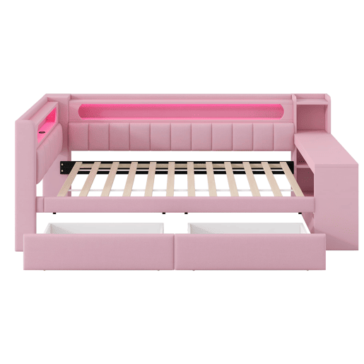 Cama tipo sofá-cama 90x200 - acolchoada, USB, LED, secretária e 2 gavetas - Rosa