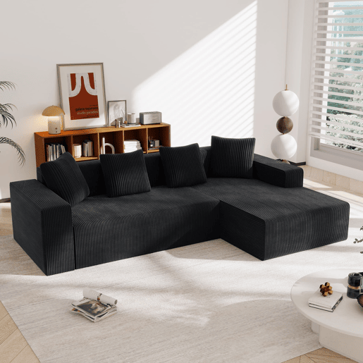 Sofá modular de 3 lugares - Cloud moderno com chaise longue, assentos profundos - Preto