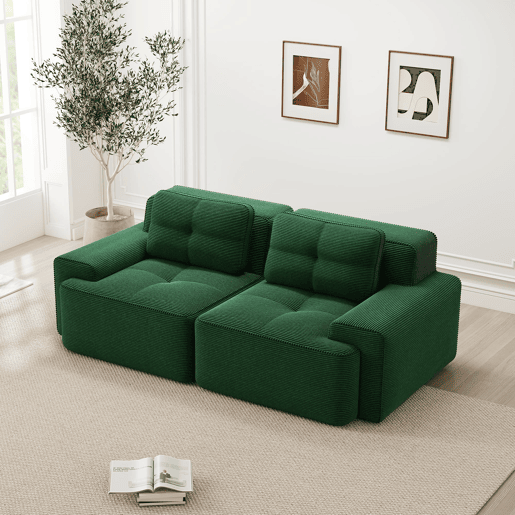 Sofá modular sem estrutura - 2 lugares, moderno, assento profundo, veludo cotelê, cama - Verde