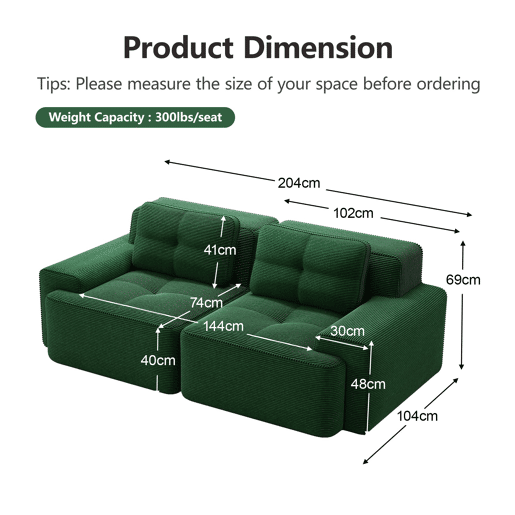 Sofá modular sem estrutura - 2 lugares, moderno, assento profundo, veludo cotelê, cama - Verde