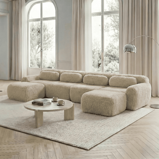 Sofá modular U 4 lugares - sem montagem, combinável, felpa, almofadas, apoio ergonómico - Bege claro