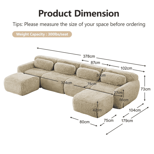 Sofá modular U 4 lugares - sem montagem, combinável, felpa, almofadas, apoio ergonómico - Bege claro